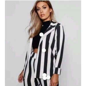 Boohoo Blazer Womens 14 White Black Wide Striped Open Front Blazer -Jacket Only